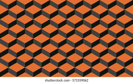 Seamless black and orange isometric flattened cubes optical illusion pattern vector