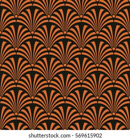 Nahtlose Schwarz-Orange-Luxus-Art-Deco-Pfau-Stoffmuster, Vektorgrafik