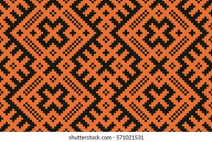 Seamless black and orange slavic pixel ethnic textile pattern vector