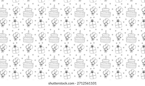 Patrón de cumpleaños de contorno negro sin fisuras: pastel, regalos, estrellas y globos para papel de regalo, tarjetas de felicitación y gráficos de celebración