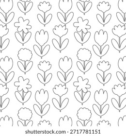 Seamless Black Outline Floral Pattern on White Background. Minimal Elegant Flower Design for Textiles, Wallpaper and Stationery