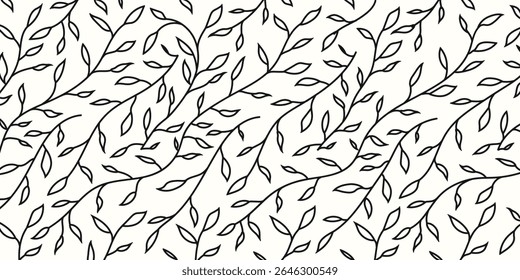 Seamless black outline leaf pattern on white background. Elegant botanical vector design for fabric, wallpaper, packaging, and modern nature-inspired decorations.