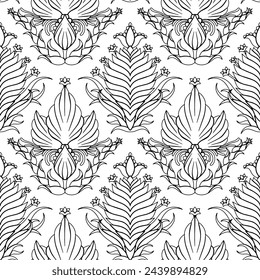 Seamless black outlined modern Damask pattern on a white background. Monochrome folk floral abstract repeat background.