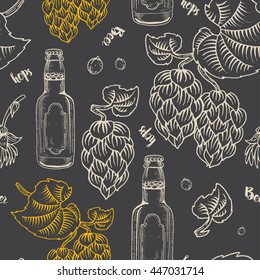 Seamless black pattern with the branch of hops, cones and beer bottles in a woodcut style. Vector beer background.