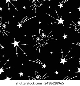 Patrón negro sin costuras con caras de gato y estrellas. Patrón de noche abstracto.