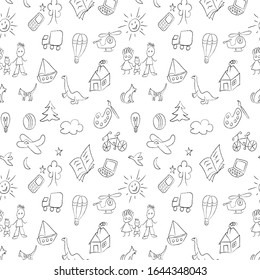 Seamless black pattern with children drawings, chalk or charcoal sketches. 