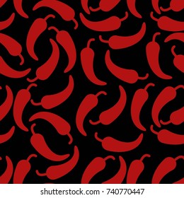 Seamless black pattern.  Chili peppers in flat style. Red silhouettes. Vector illustration 