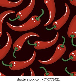 Seamless black pattern. Chili peppers in cartoon style and a little realism. Background for your business, kitchen and good mood. Vector illustration 