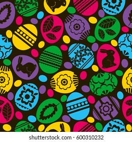 Seamless  black pattern with color easter eggs, flowers and rabbit.
Ideal for printing onto fabric and paper or scrap booking, vector illustration