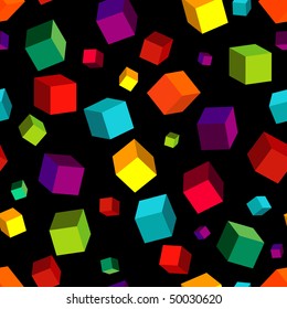 Seamless black pattern with colorful volume cubes (vector)