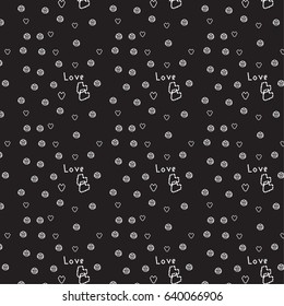 seamless black pattern, geometric ornament, white hearts