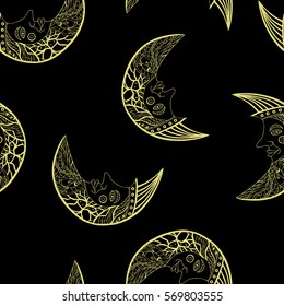 Seamless black pattern with gold moon. Vector
