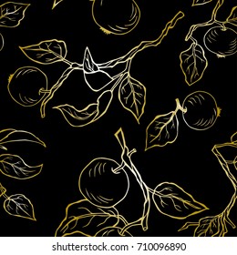 Seamless black pattern with golden apples. Vector.