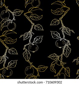 Seamless black pattern with golden apples. Vector.