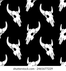 Seamless black pattern. Graphic cattle bull buffalo skull vintage. Wild west desert aesthetic. Flat vector background design. Repeating print for fabric, wrapping paper, textile