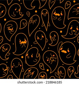 Seamless black pattern with hand drawn halloween ghosts, vector.
