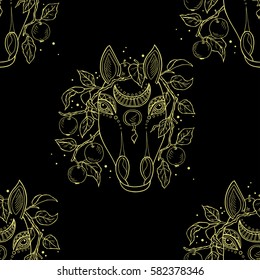 Seamless black pattern with hand drawn horse head and apples. Vector 