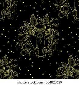 Seamless black pattern with hand drawn horse head and apples. Vector 