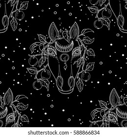 Seamless black pattern with hand drawn horse head and apples. Vector 