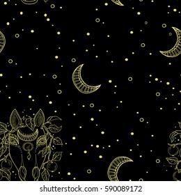 Seamless black pattern with hand drawn horse head, apples and moons. Vector 