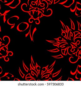 Seamless black pattern with hand drawn red dragon head stylized Maori face tattoo. Vector