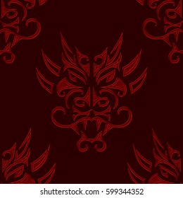 Seamless black pattern with hand drawn red dragon head stylized Maori face tattoo. Vector