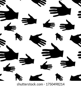 Seamless black pattern with hand gesture. Human hand, palm black silhouette. Vector repeating design for fabric, wallpaper or wrap paper.