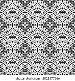 Seamless black pattern with intertwining floral swirls.  Indo-Persian art. Swatch is included.