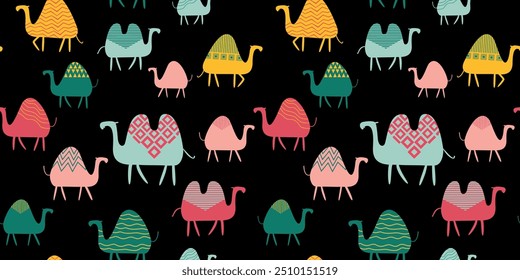 Padrão preto contínuo: camelos multicoloridos com padrões geométricos. Ilustração vetorial em estilo etno.