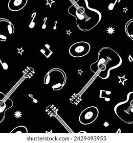 Seamless black pattern with musical elements.Pattern with guitars,stars,notes,headphones.Doodle vector illustration.