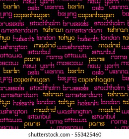 Seamless black pattern with the names of some capital cities written in deep pink and orange - Eps10 vector graphics and illustration