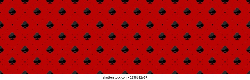 Seamless black pattern on a red background with a card suit of Clubs. Background for gambling, casino advertising, decorations and creative design