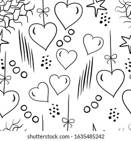 Seamless black pattern on a white background. Images of lace, hearts, stripes, dots, circles, stars, bows suitable for fabric, napkins, packaging, postcards, boxes, packages.