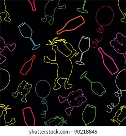 Seamless black pattern with party elements having wine glass, champagne bottle, clock & balloons for New Year & Other occasions.