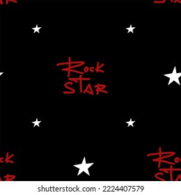 Seamless Black Pattern With Red Lettering Rock Star And An Illustration Of White Stars. Pattern Lettering For Wallpaper, Textile, Wrapping Paper, T-shirt.