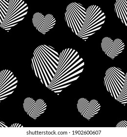 Nahtloses schwarzes Muster mit gestreiften Herzen in Form von optischen Illusionen zum Valentinstag. Vektorgrafik.