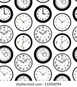 Seamless black pattern texture with contours of round clocks. Time outline background