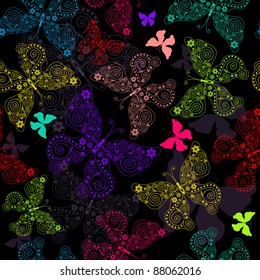 Seamless black pattern with vivid colorful butterflies (vector)