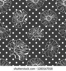 Seamless black pattern with white flowers (zinnia, camomile, daisy), circles for textile, bedlinen, pillow, undergarment, wallpaper, packing paper. Polka dots, spotted design. Vector illustration