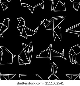 Seamless black pattern with white origami animals. Vector illustration background.
