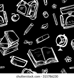 Seamless black pattern with white school supplies. Books, apple, sharpener, clip, eraser, pencil, globe, ruler, bag.