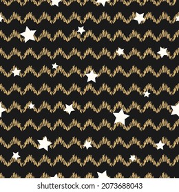 Seamless black pattern with white stars and golden pen drawn zig zag lines. Vector striped illustration. Magic sky. Stardust background. Black and white. Constellation