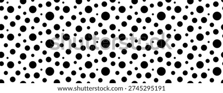 Seamless black polka dot pattern on white background. Random scattered circle spots in different sizes.Minimal monochrome wallpaper
