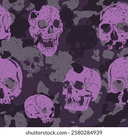 Seamless black and purple grunge vector camouflage pattern with human skulls incorporated