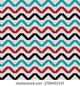 Seamless black, red and turquoise zigzag pattern on a pale grey background