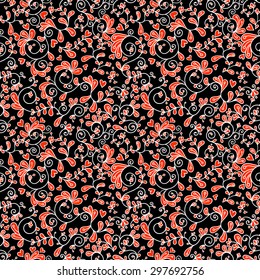 Seamless black red and white vector pattern with cute fairy flowers. Can be used for cards, invitations, fabrics, wallpapers, ornamental template for design and decoration, etc