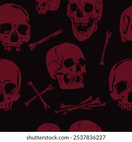 Seamless black and reddish marsala color dark grunge skulls and bones pattern vector