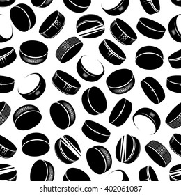 Seamless black rubber ice hockey pucks pattern with shining vertical edges randomly scattered over white background. Sporting competition, sport club or textile print design