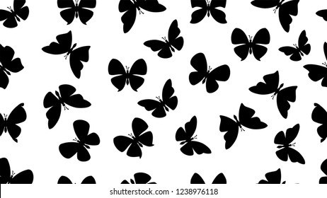 Seamless black silhouette butterflies pattern isolated on white background