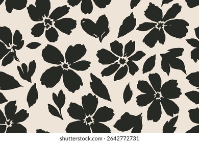 Seamless black silhouette floral pattern on cream background, perfect for textile fabric, fashion, clothing, wallpaper, posters, home decor, vector illustration, modern design and artistic decoration.